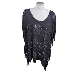 Step in Style Boho Faux Suede Poncho Laser Cut Mandala Pattern Fringed Black